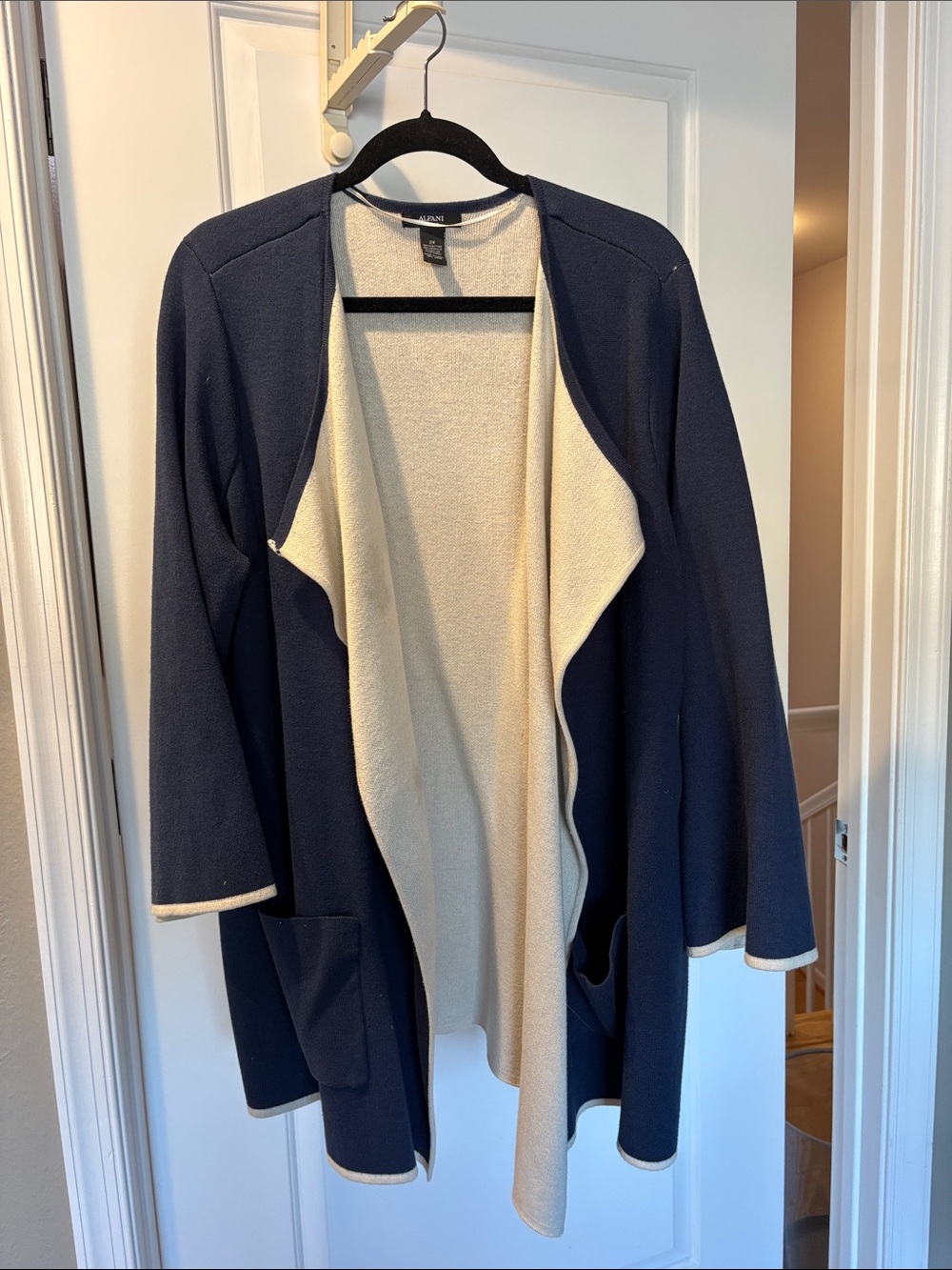 Alfani Navy and Cream Open-Front Cardigan